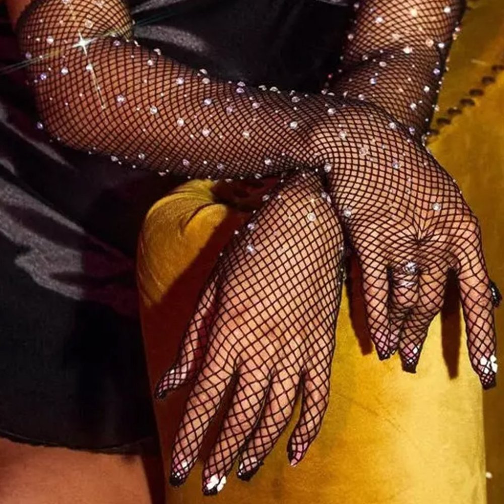 Black Rhinestone Décor Elbow Fishnet Gloves